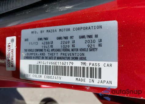 2014 Mazda Mazda6 I Touring from USA, damaged, VIN JM1GJ1V66E1162179